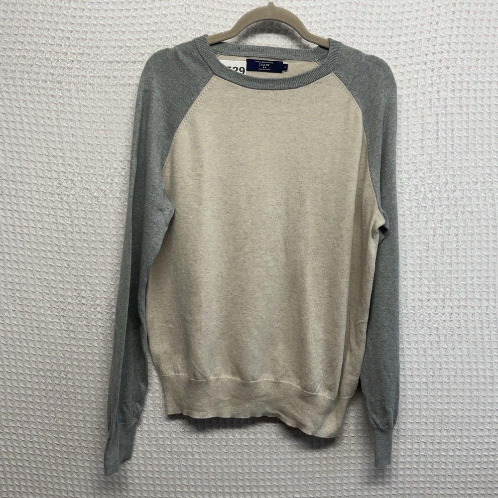 Vintage J.Crew Womens Cotton Cashmere Raglan Crewneck Sweater Size L Gray Cream